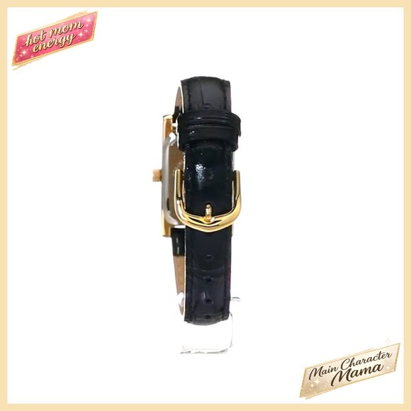 14K Gold Plated Rectangular Watch with Leather Band, Quartz Movement